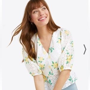 Draper James White Eyelet V-Neck Blouse with Yellow Floral Print